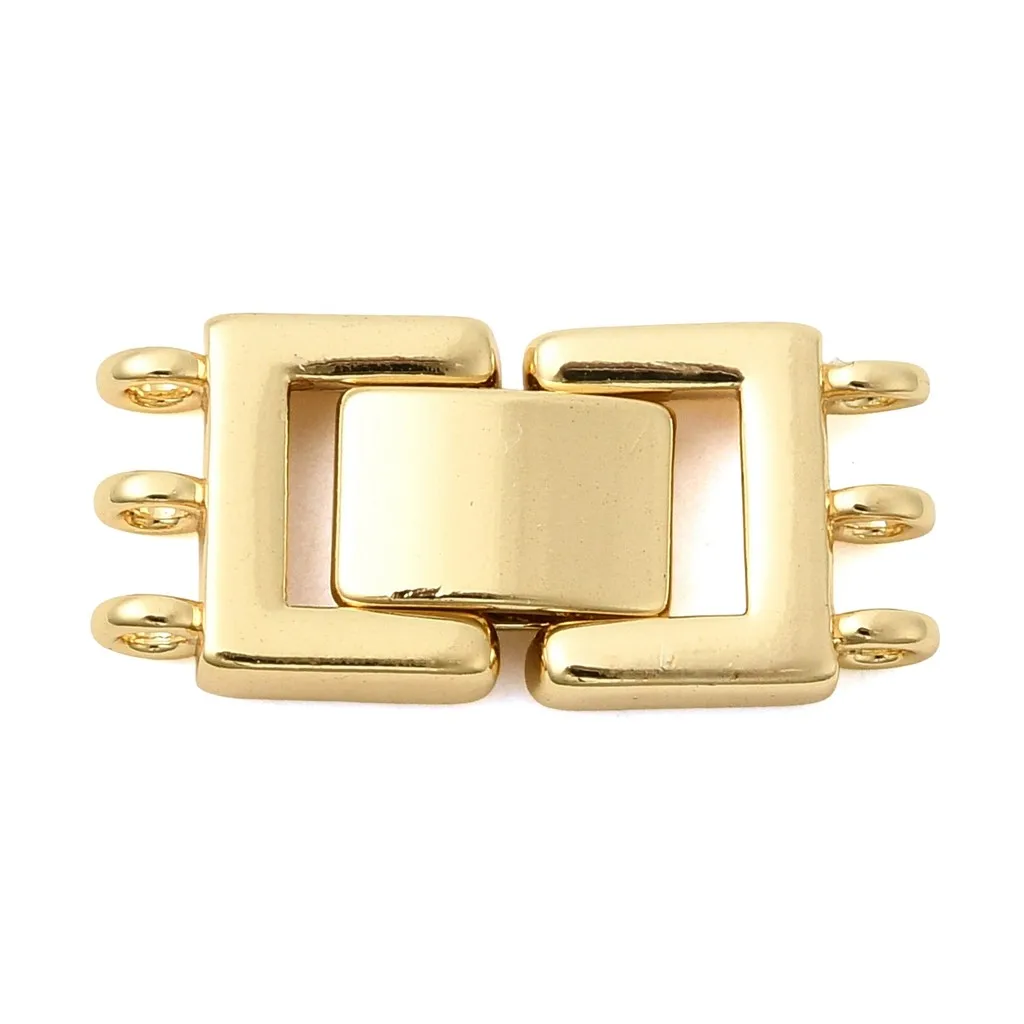 10pcs 18K Gold Plated 3‑Strand Multi‑Row Brass Fold Over Clasps for Bracelet Necklace DIY Jewelry Making Supplies 11.5x25x4mm