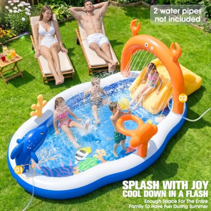Backyard toddler pool with water slide sprinkler, PVC inflatable play center in blue and yellow, extra-large 120x70x50 splash p view 4