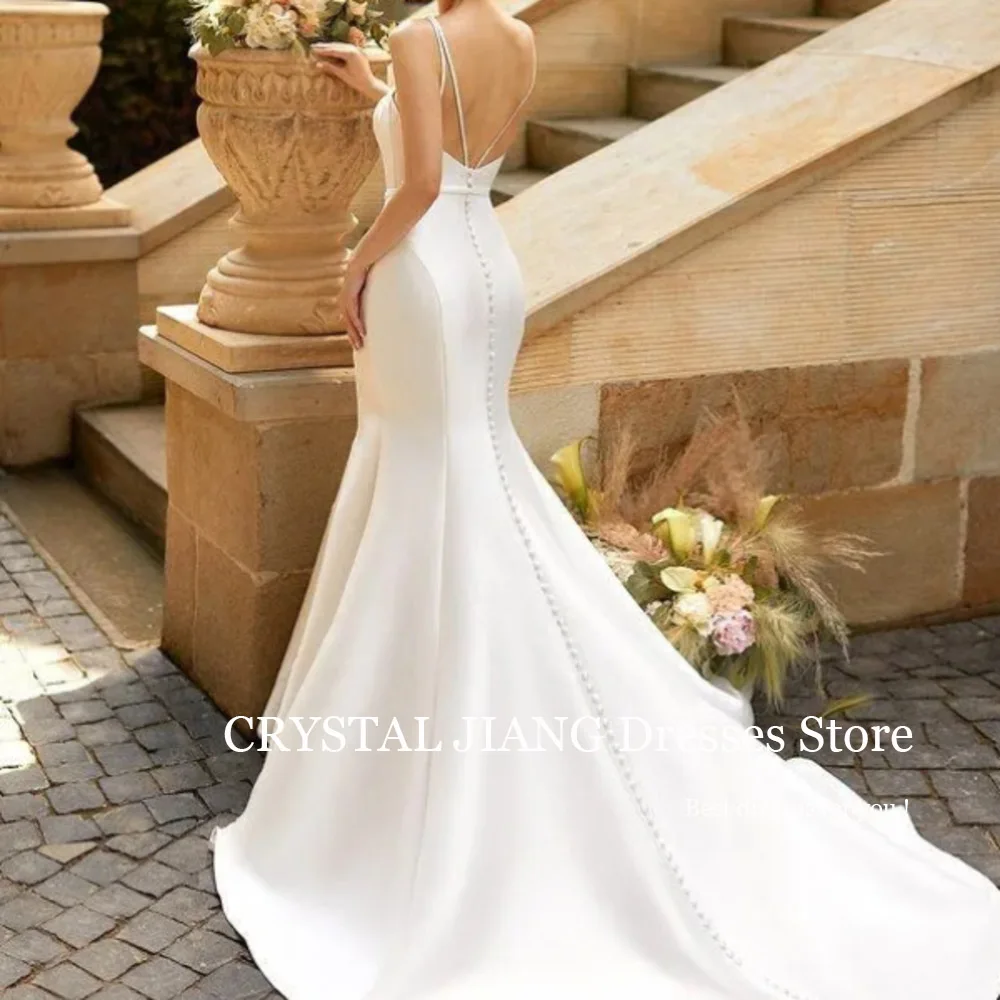 Sexy Long Ivory V Neck Satin Wedding Dresses Sleeveless Backless Mermaid Sweep Train فساتين حفلات الزفاف Bridal Gowns