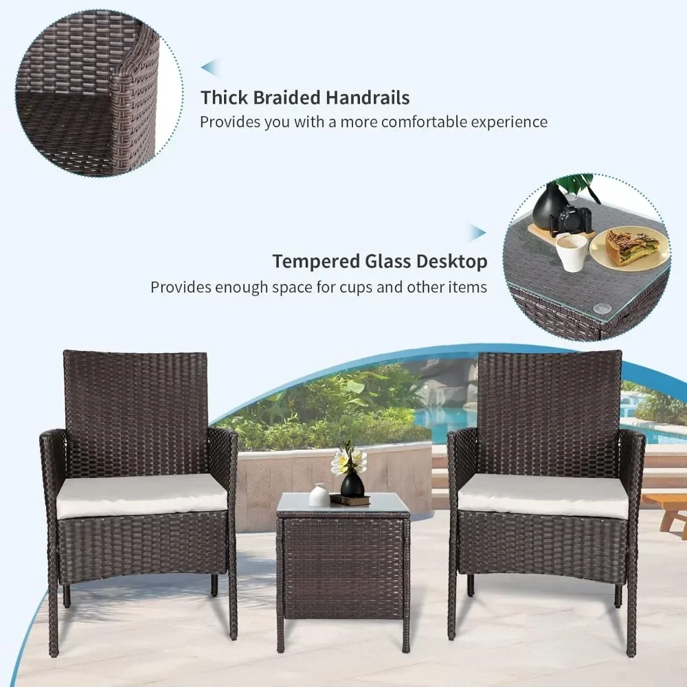 3-Piece Patio Bistro Set Brown Wicker Outdoor Chairs Set with Coffee Table