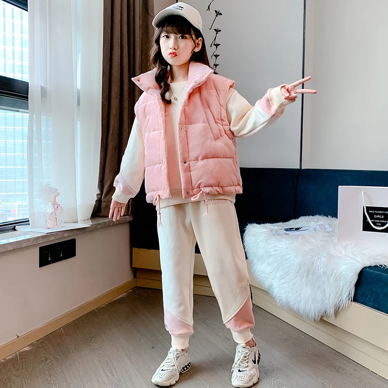 Conjunto de camiseta y chaleco con forro de Fce para niña, conjunto de ropa para niño coreano a la moda para otoño e invierno