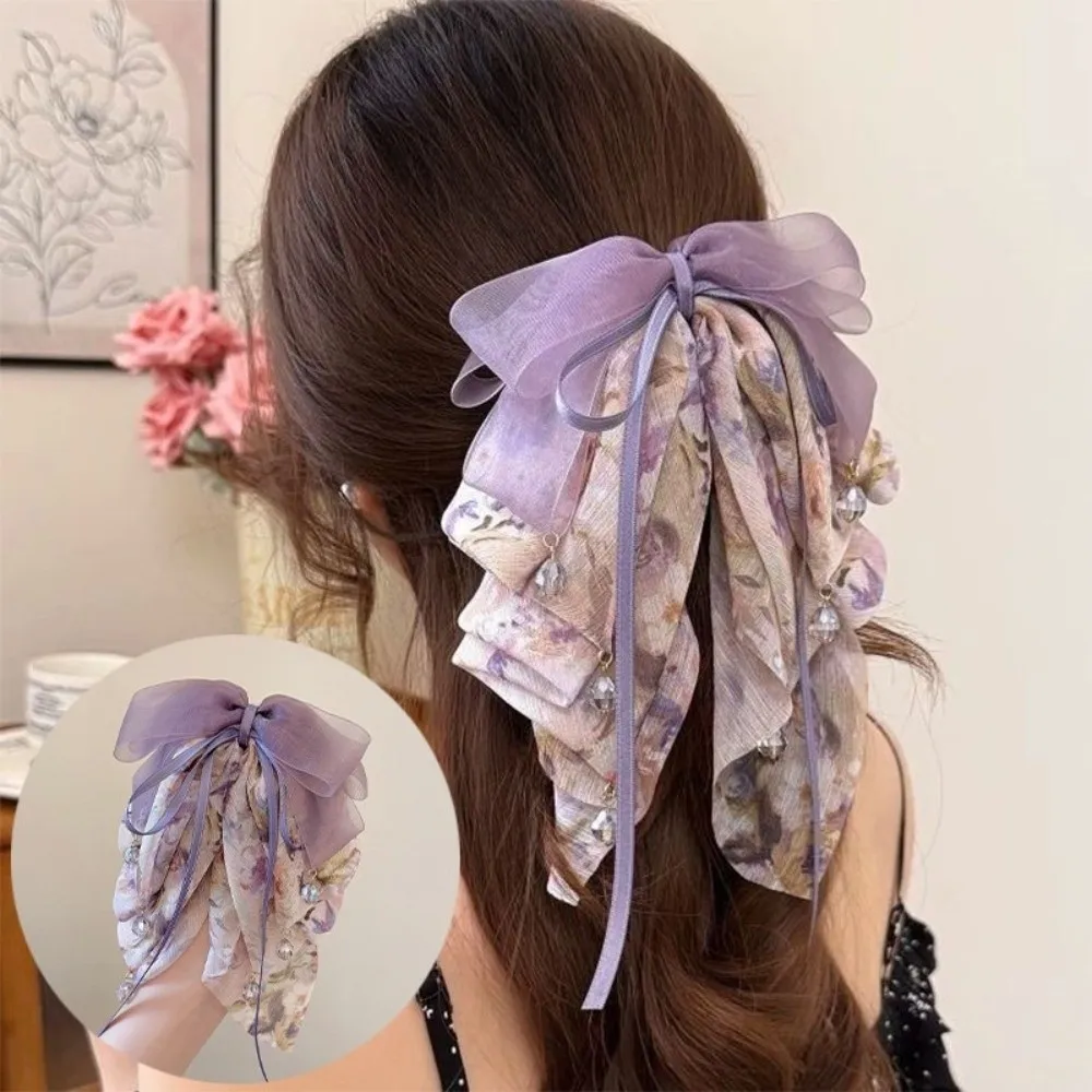 

Elegant Bow Bead Horsetail Clip Chiffon Hair Claw Flower Hairgrips Shark Clip Tassel Hair Accessories Women Girl Gift