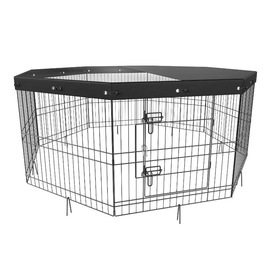 

Dog Playpen 8 Panels Foldable Metal Dog Exercise Pen with Top Cover 24 H Pet Fence Puppy Crate Kennel with Ground Stakes Indoo
