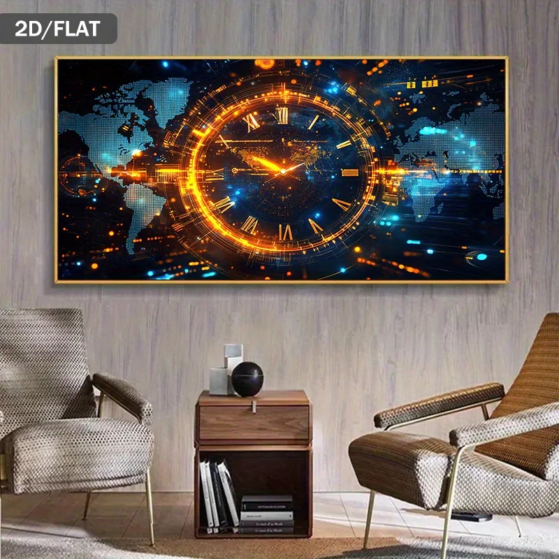 Large Abstract Global Clock Canvas Print World Map with Luminous Neon-like Line Wall Art Posters for Living Room Home Decor