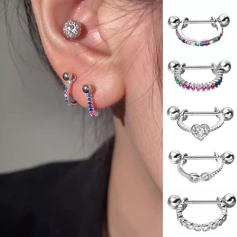 Punk Rhinestone Silver Color Zircon Cz Nose Hoop Helix Cartilage Earring Daith Snug Tragus Ring Ear Piercing Body Jewelry