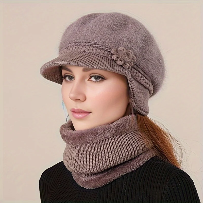 2pcs Winter Hat & Scarf Set for Elderly Women & Moms - Windproof Warm Earmuffs Beanie Caps and neck warmer