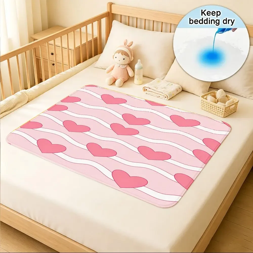 Washable & Reusable Care Urine Pad, Pink Hearts On Wavy White Background Pattern, Incontinence Bed Pad for Adults & Elderly