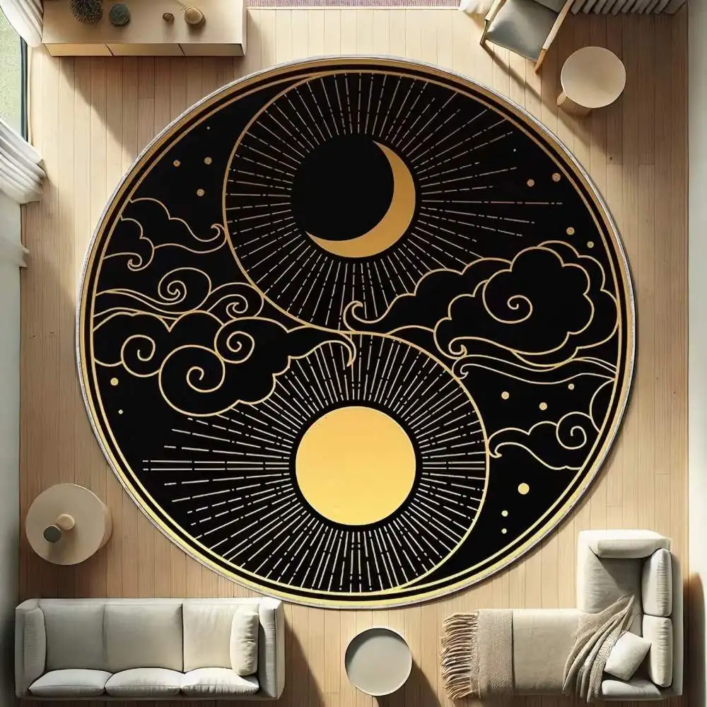 Vikama Flannel Round Rug - Sun and Moon Pattern Design - Sky and Earth Yin-Yang Carpet - Unique Spiritual Home Decor Item