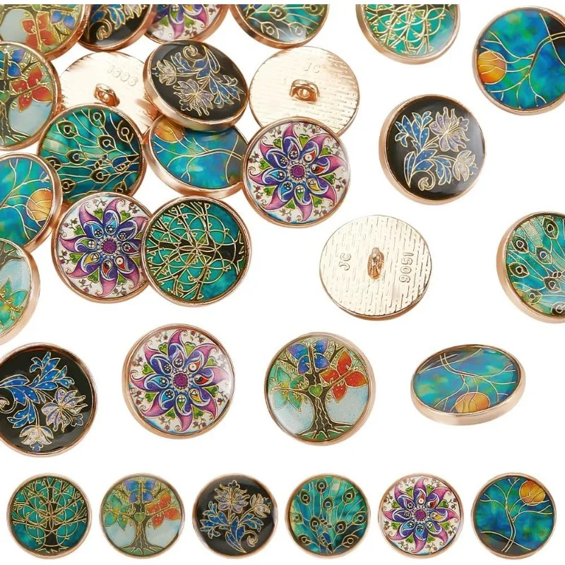 24Pcs 6 Styles Alloy Enamel Shank Buttons Plant Theme Metal Blazer Buttons 20x8mm Flower Tree Vintage Shank Buttons Round