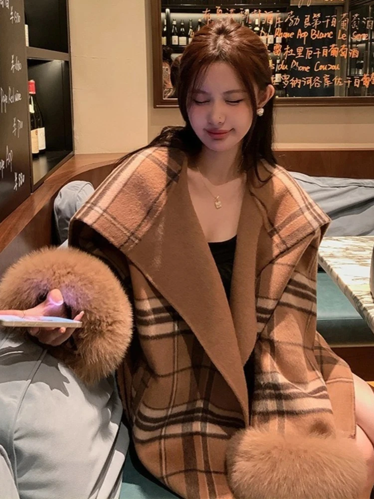 

Women Loose Warm Cashmere Woolen Coat Fashion New Autumn Winter Clothes Navy Collar Big Real Fox Fur Cuff Wool Jacket