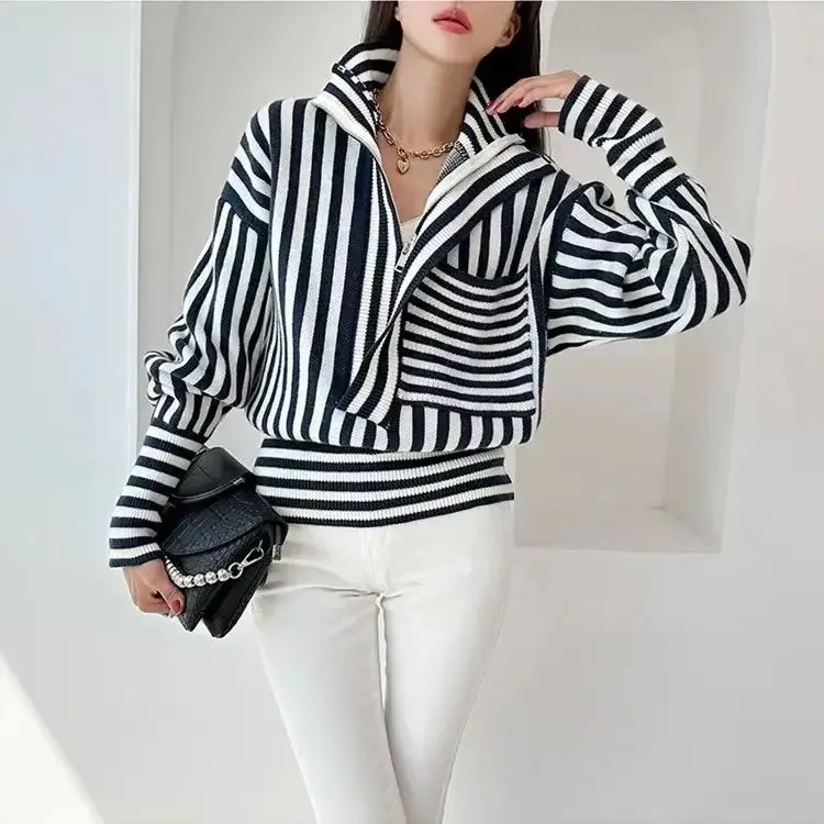 2024 Autumn/Winter New Striped Knitted Sweater  Loose, High Collar, Retro, Casual,  Soft Sticky Sweater Design