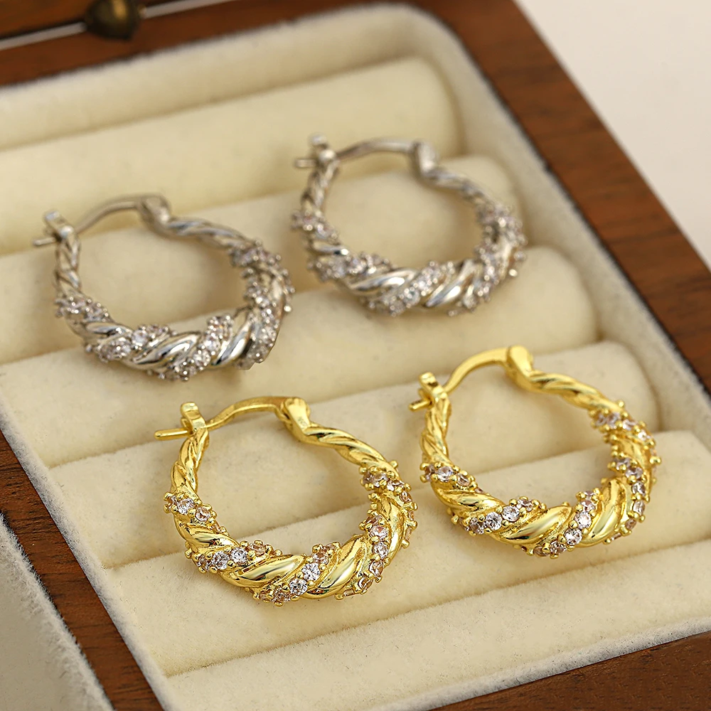 Greatera Trendy Gold Plated Metal Twisted Zircon Hoop Earrings for Women Geometric Round Circle Earrings Minimalist Jewelry 2023