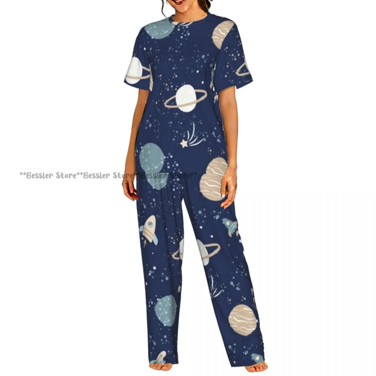 

Women Pajama Sets Lounge Sleepwear Cartoon Space Rockets Planets And Stars Short Sleeve Nightwear