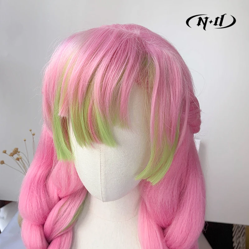 ND Mitsuri Kanroji 코스프레 가발 헤어피스 Kimetsu no Yaiba 애니메이션 코스프레 헤어 가발 Comic Con Coser 용 내열성 합성