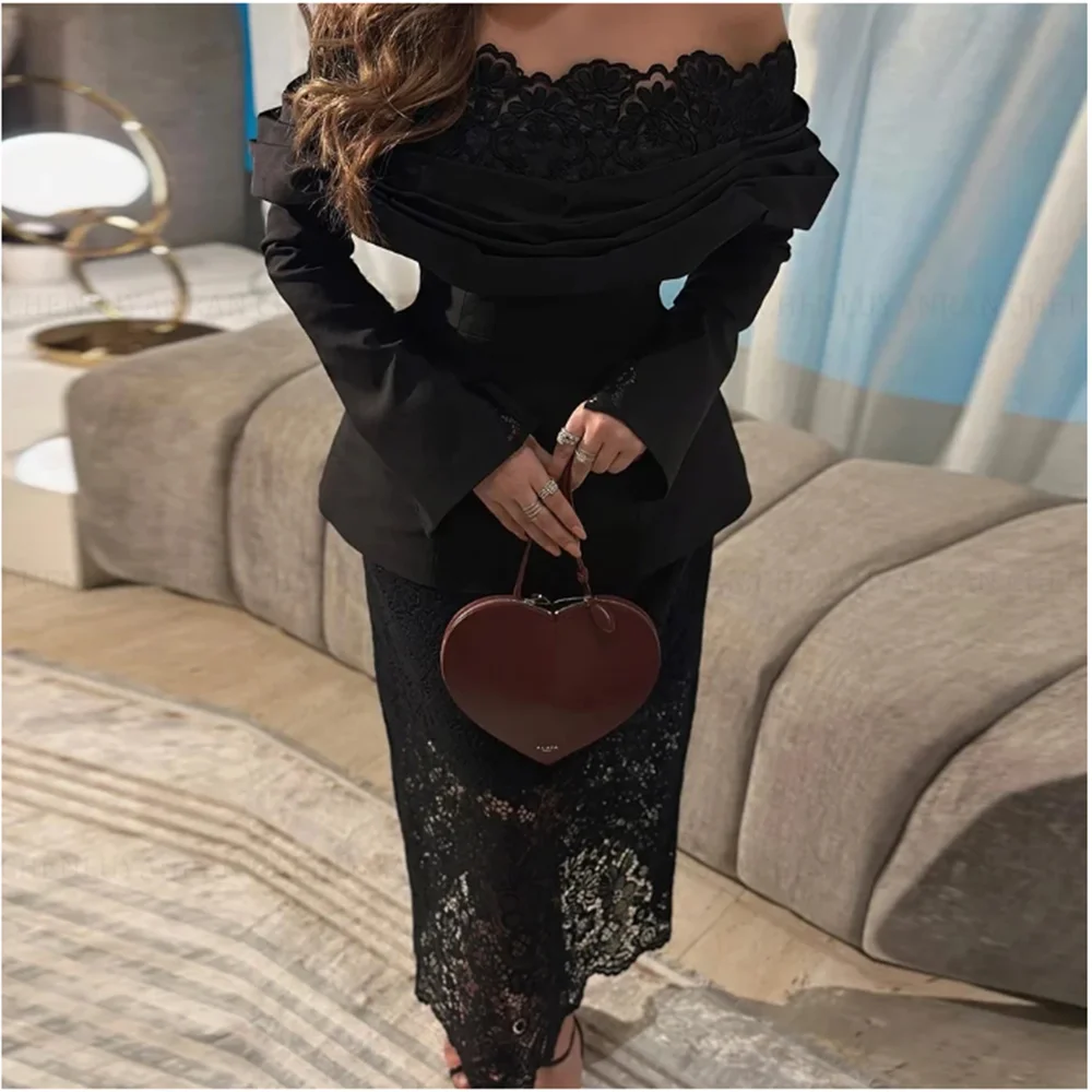 Elegant Classic Black Women Prom Dress Illusion Lace Off Shoulder Pretty Exquisite Slim Fit Robes De Soirée فساتين حفلة موسيقية