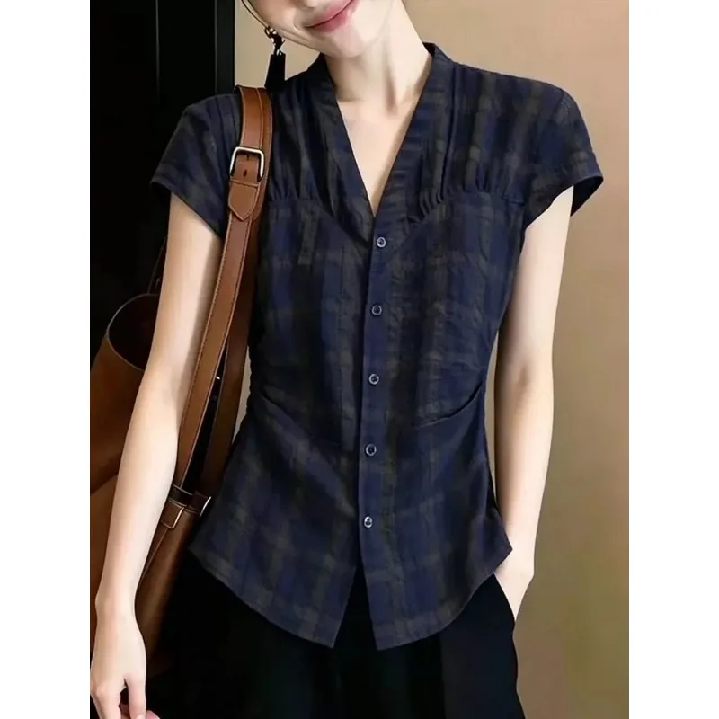 Women Vintage Plaid V Neck Cinched Waist Short Sleeve Shirt Slim Elegant Summer Blouse