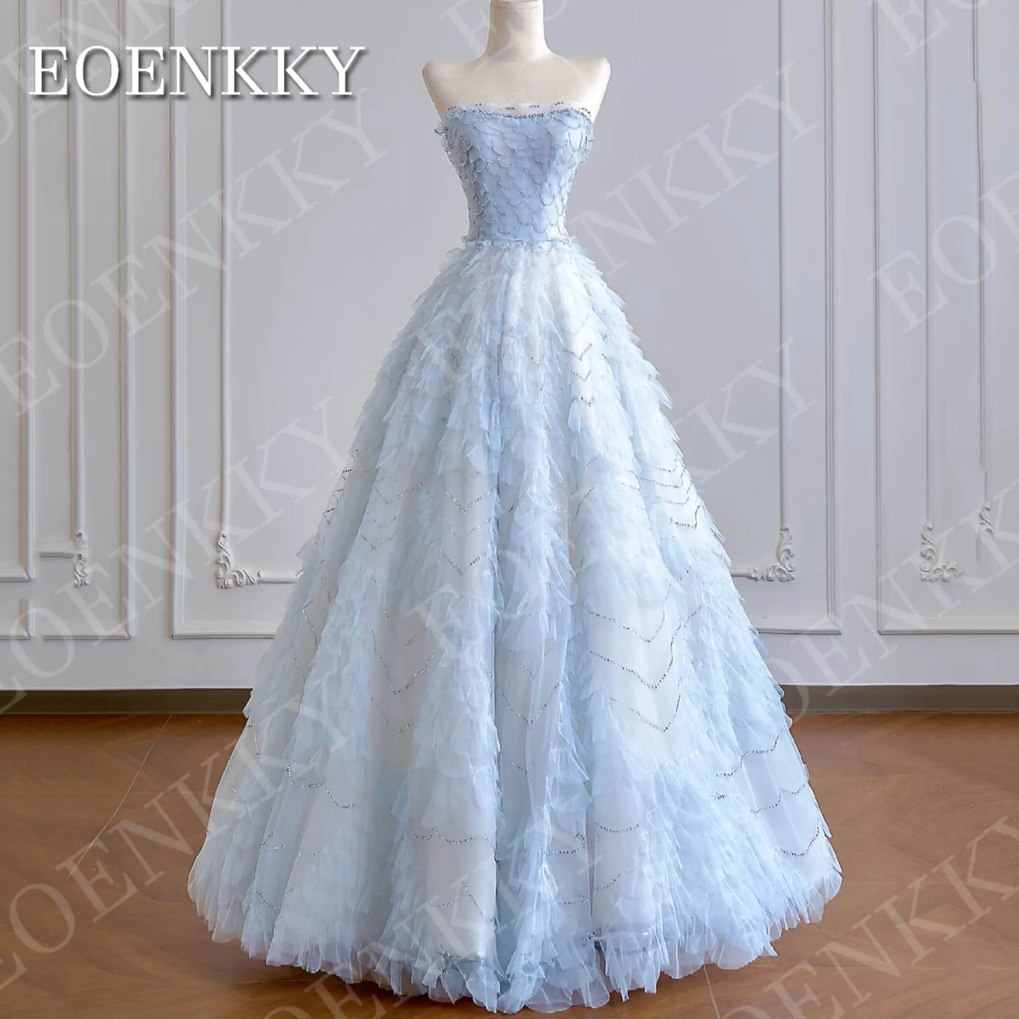 

EOENKKY Luxury Prom Dresses A Line Korean Fairy Light Blue Strapless Tulle Tiered Evening Dress Beaded Customized فساتين سهرات