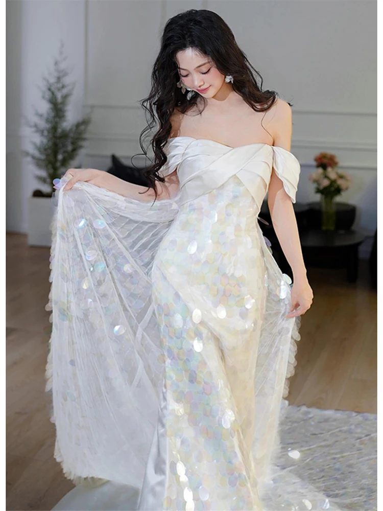 

Bride Morning Robe One oulder Bridal Gown Sparkling Light Wedding Dr Evening Gown Fairy T Mermaid Sle Sequin Detail