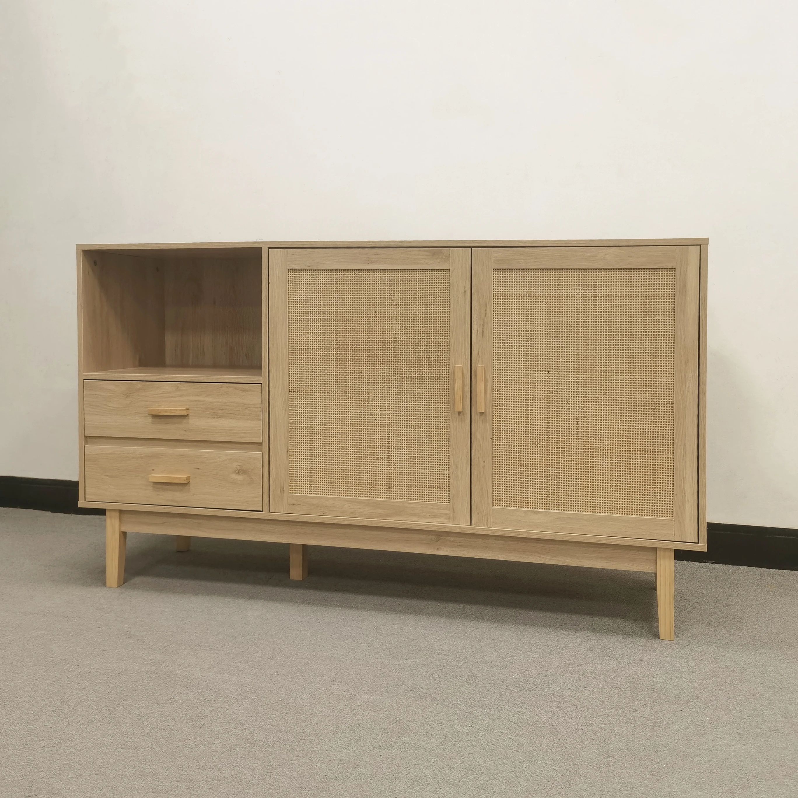 Large Modern Solid Rubber Wood Living Room Sideboard rattan cabinet With Drawers and Storage Cabinet