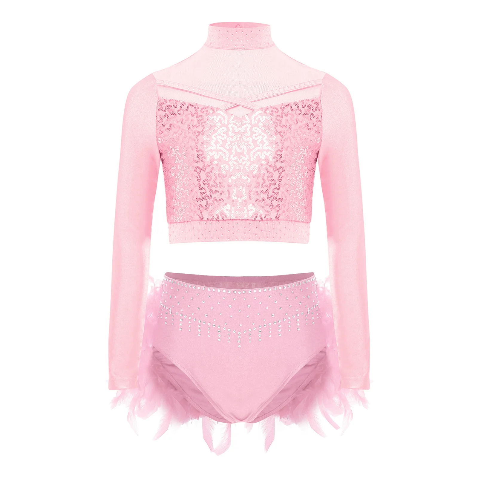 6-16 Jahre Mädchen Lyrisches Tanz-Crop-Top mit Pailletten und Netzstoff, Feder-Tutu-Shorts für Eiskunstlauf, Ballett, Gymnastik und Akrobatik