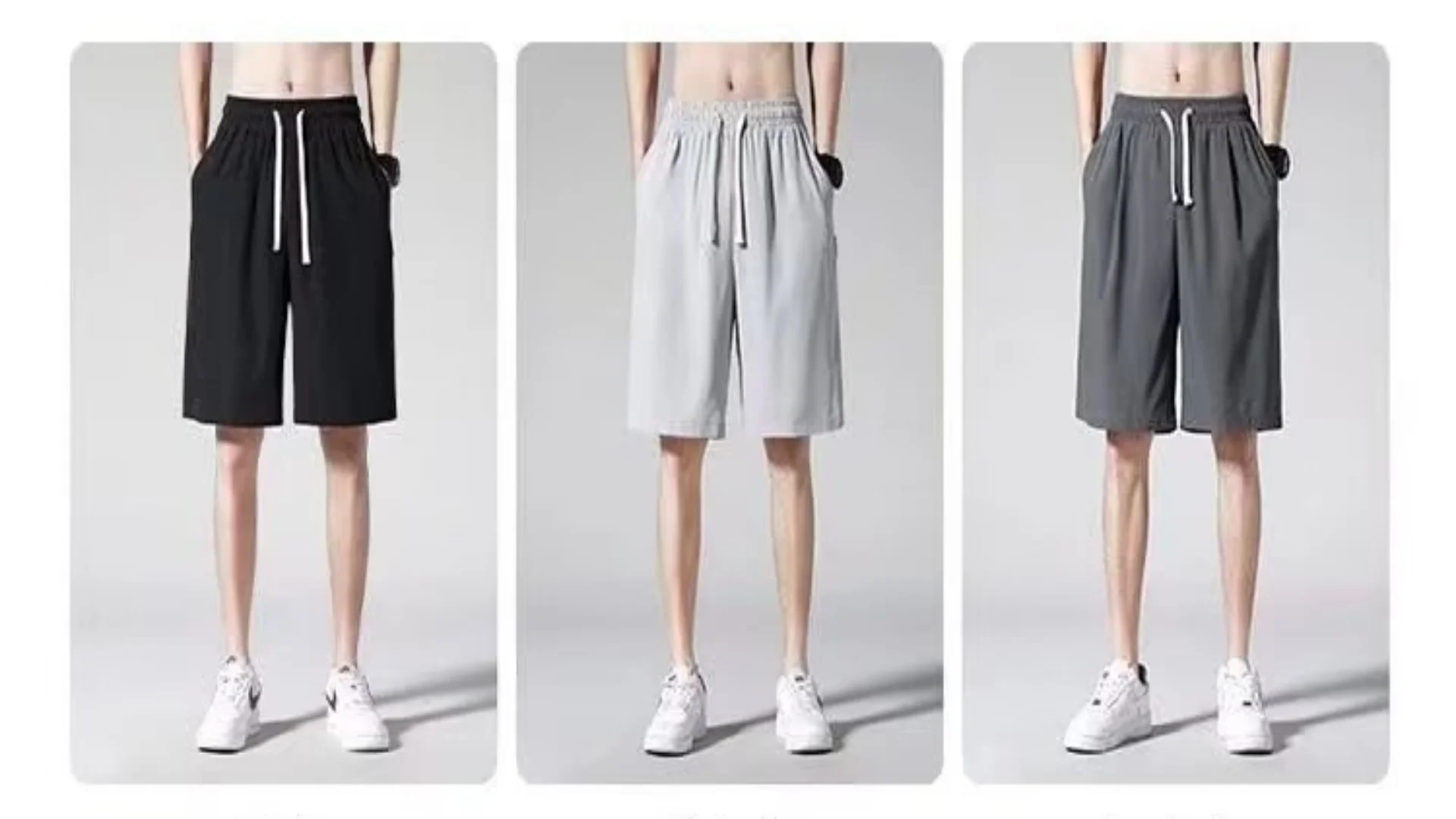 Men's summer thin quick drying 5-point loose straight ice silk pants 5-point casual sports basketball pants