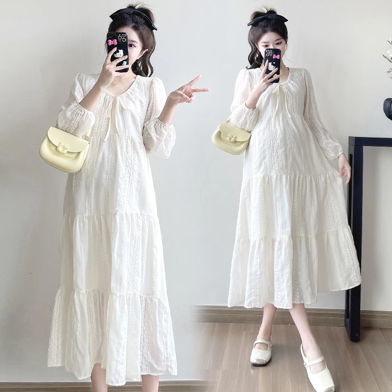 2026 Autumn Luxury Maternity Lace Dress Sweet Hollow Out O-neck Puff Sleeve Pregnant Woman Party Dress Elegant Wedding Clothes