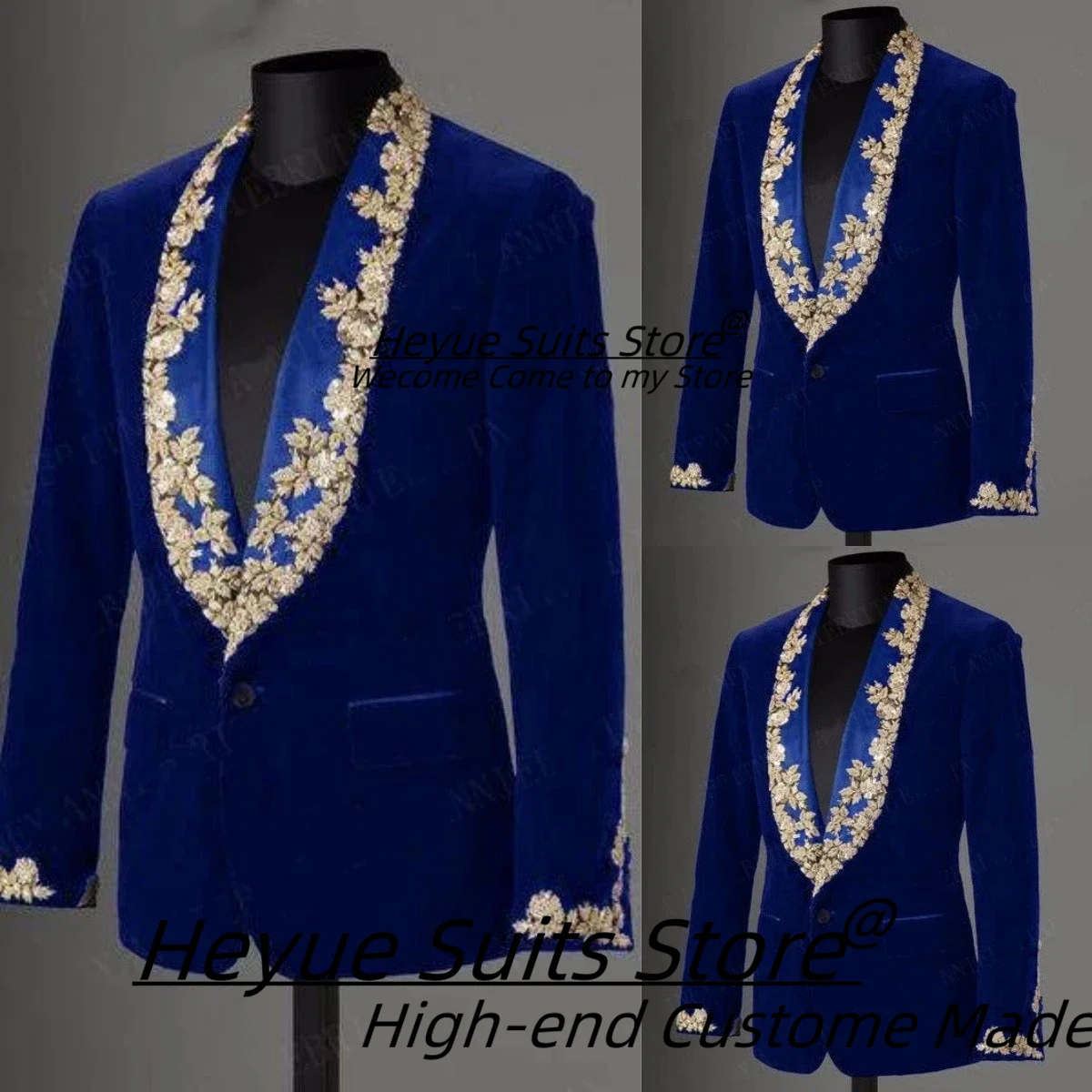 

Элитные мужские костюмы из бархата королевского синего цвета с золотой аппликацией, комплекты из 2 предметов, элегантные свадебные смокинги для жениха, 2-х предметные комплекты, Ropa Hombre