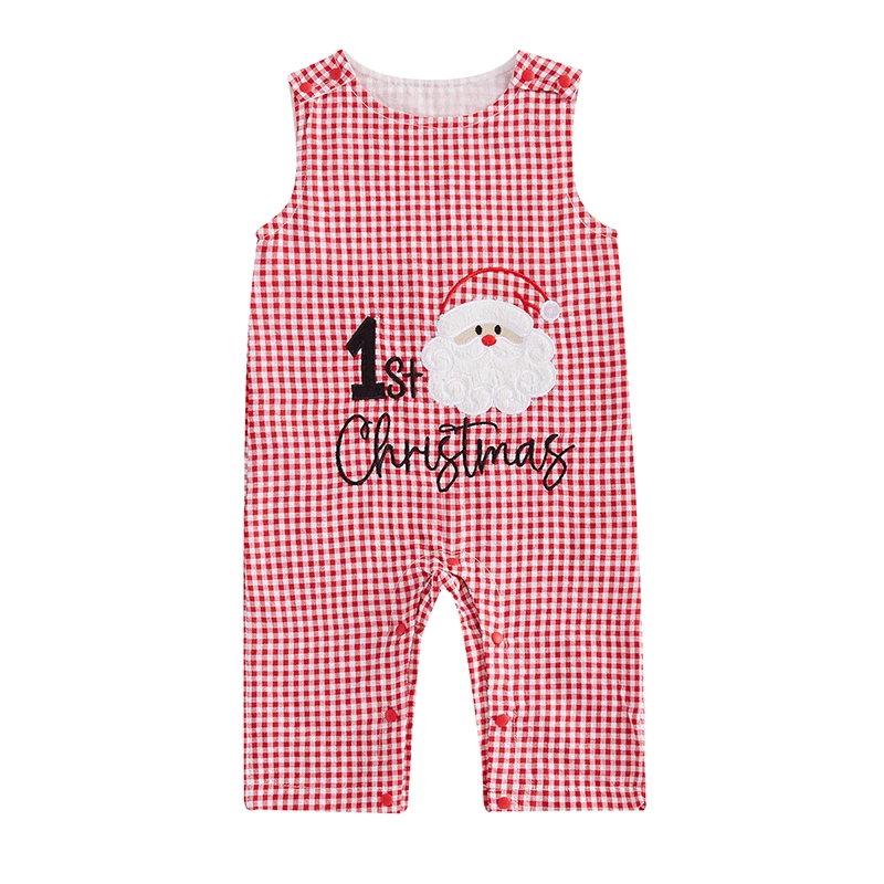 Baby Overalls Romper Plaid Christmas Embroidered Sleeveless Round Neck Adorable Jumpsuit