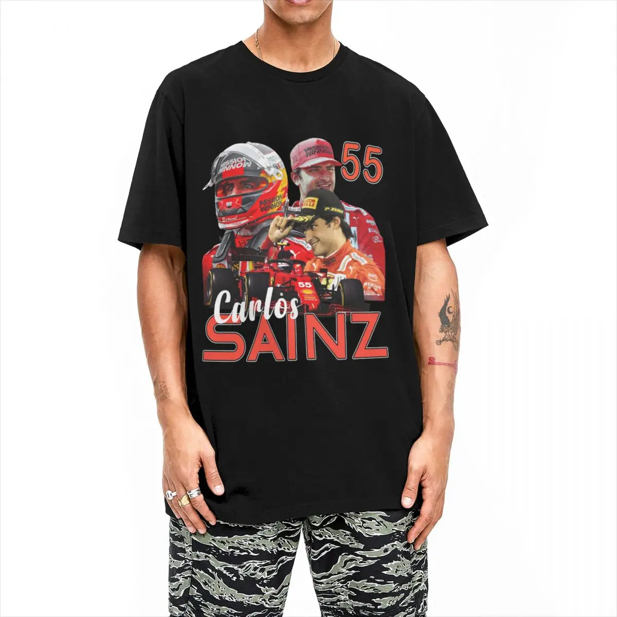 Carlos Sainz Jr. T-Shirt Men 55 Y2K Funny 100 Cotton T Shirts Summer O-Neck Novelty Tee Shirt Print Plus Size Clothes