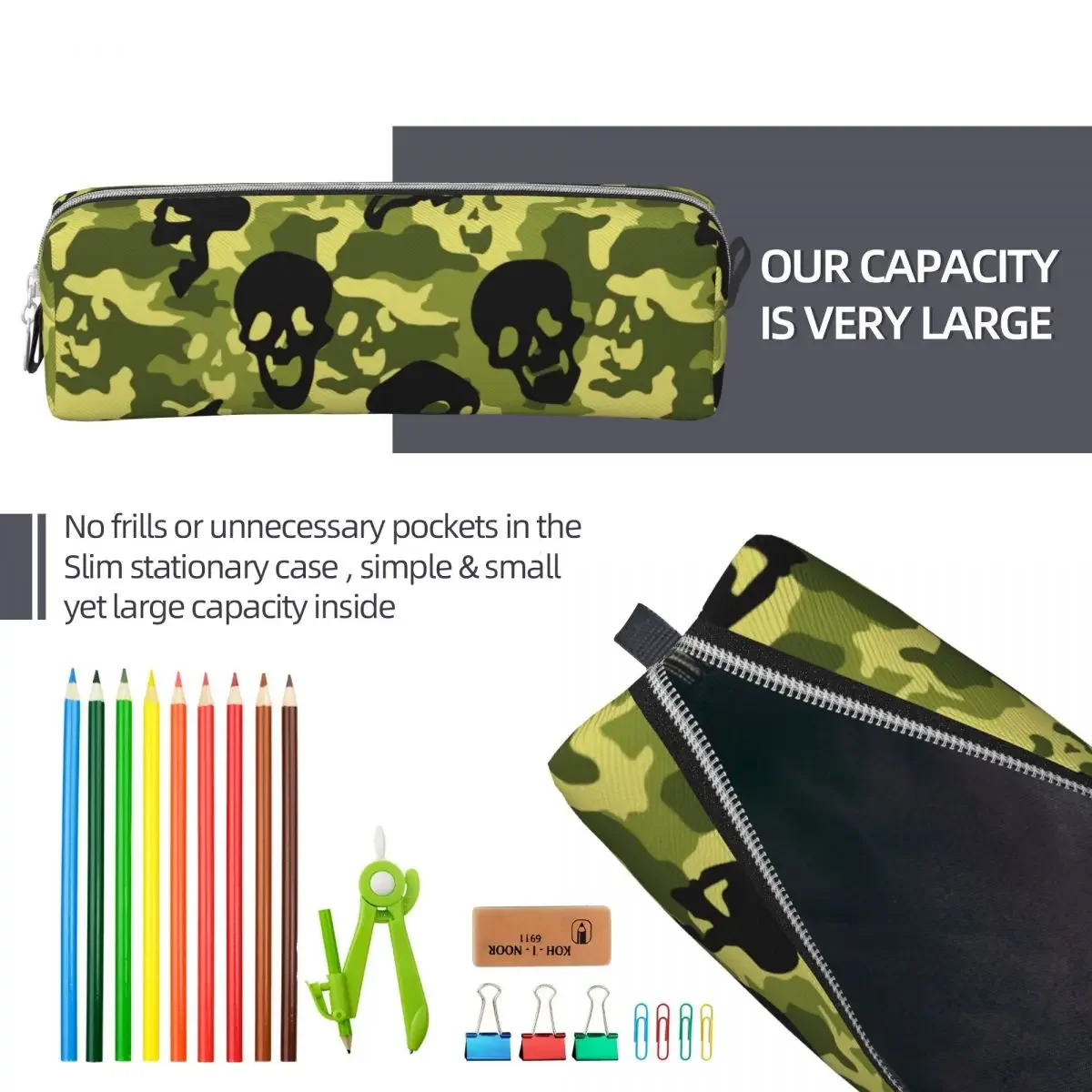 Trousse à crayons Skull CamSolomon Bergame, porte-stylo camouflage vert, sac pour enfants, grande capacité, étuis à crayons pour étudiants, cadeau scolaire amusant