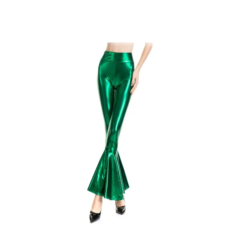 Mermaid Bell-bottom Stretch Faux Leather Trousers Women Fashion Dance Elastic Waist Bodycon Shiny Gradient High Waist Long Pants