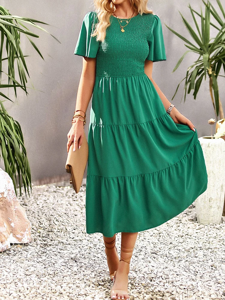 

Summer Holiday Dress 2024 Women Casual Long Dresses Female Short Sleeve Pleated Dress Ladies Solid Color Vestidos Para Mujer