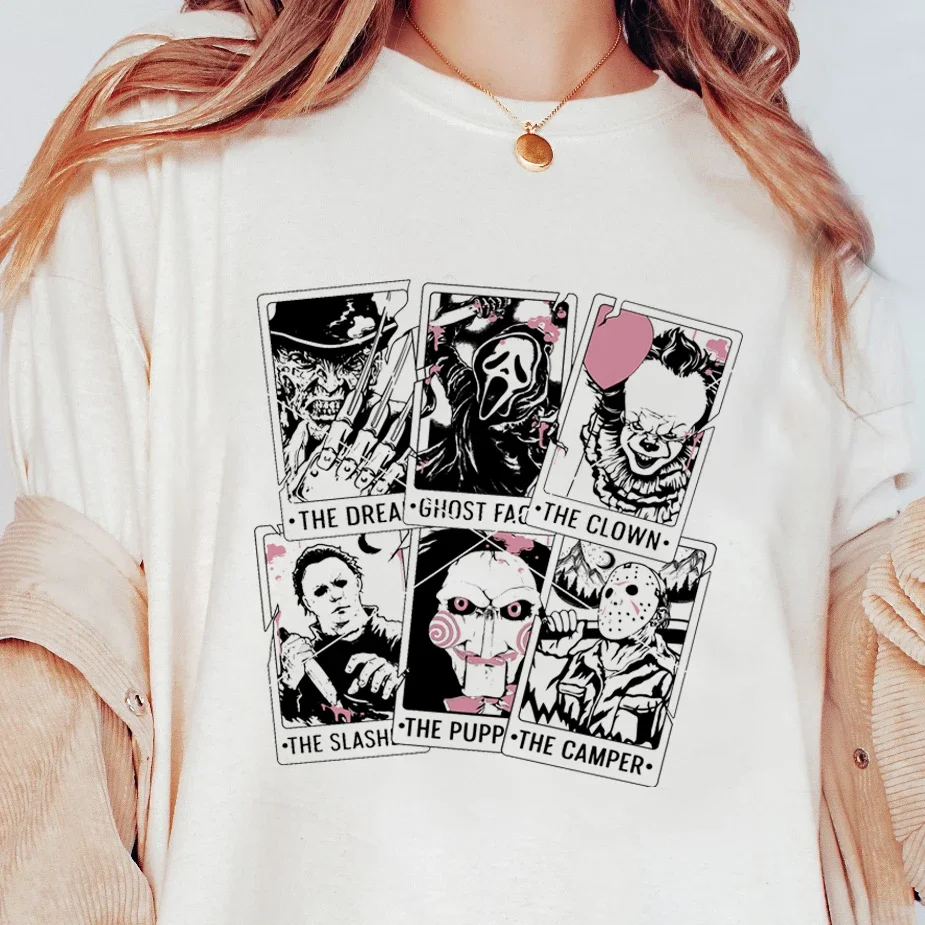

Horror Character Pokes Print Short Sleeve Halloween Style Pattern Summer Basic T-shirt Top Printed T-shirt Women Clothing