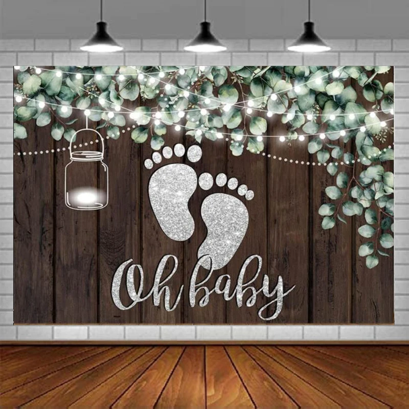 

Baby Feet Baby Shower Backdrop for Baby Banner Rustic Wood Eucalyptus Greenery Leaves Photography Background Cake Table Photo