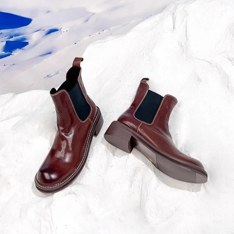 

Итальянские ботинки челси из конской кожи на толстой подошве, женские дымоходные ботинки с круглым носком, женские ботильоны из натуральной кожи в британском стиле