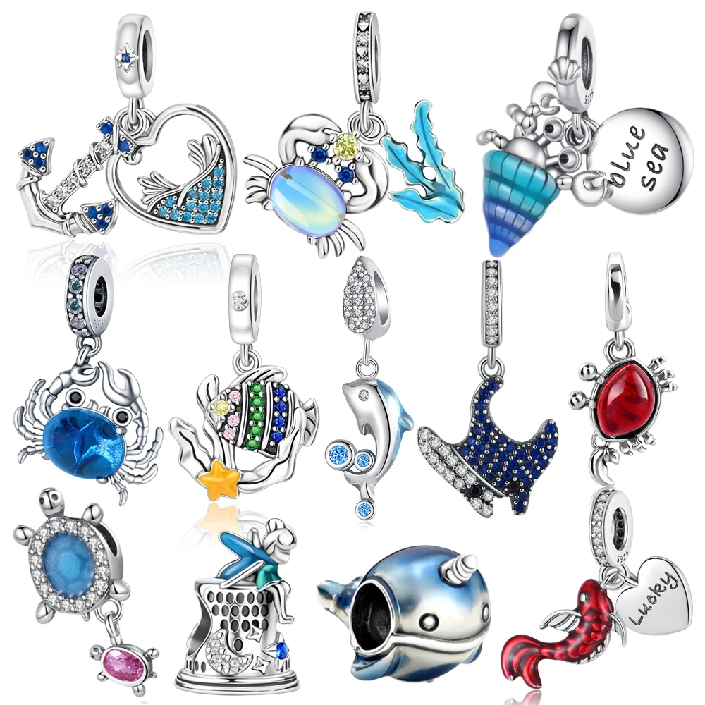 Ocean Wind 925 Sterling Silver Devil's Fish&Crab&Whale&Conch Dangle CharmFit DIY Bracelet Neckla Holiday Jewelry and Accessories