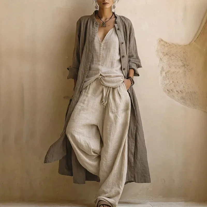 Vintage 3 Piece Suit Women Open Front Long Sleeveless V Neck Vest Elastic Waist Wide Leg Pants Pocket Daily Travel Loose Outfits