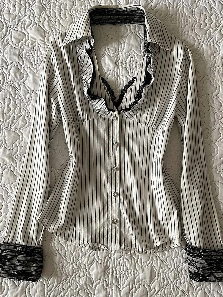 

Retro Striped Long Sve Women's irt White Faionable Autumn New Sle Slim Fit Cotton Button up Ne Regular Length