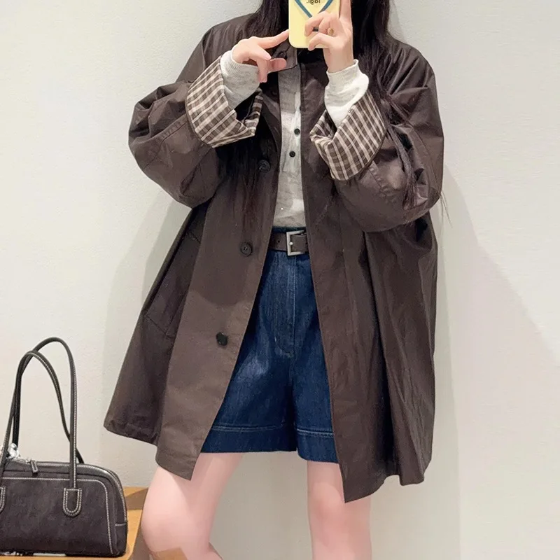 SuperAen 2026 Autumn New Korean Style Vintage Coffee Brown Loose Mid-length Coat Jackets Office Lady Casual Coats