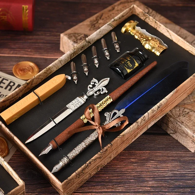 

European Style Quill Pens Set with Ink New Retro Dipping Quill Pen Wholesale Lacquer Seal Student Dip Pencil Feather Pen Gifts