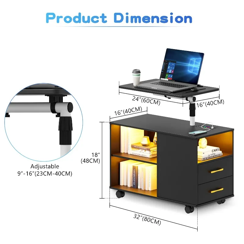 Smart Night Stand with 360° Laptop Tray, RGB Nightstand with Charging Station,Modern Bedside Table with 24-Color Human
