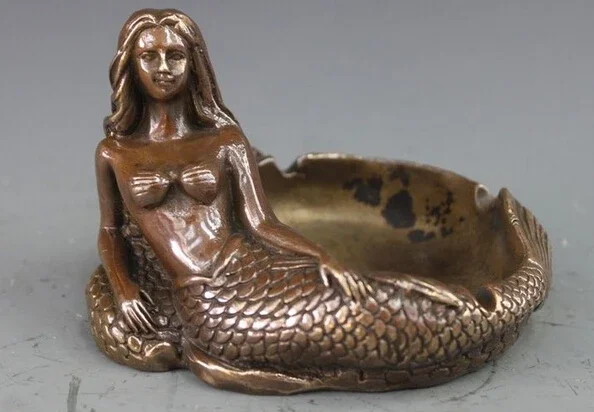 SCY 1115+++Chinese Bronze Copper Statue carving Mermaid Ashtray Sculpture