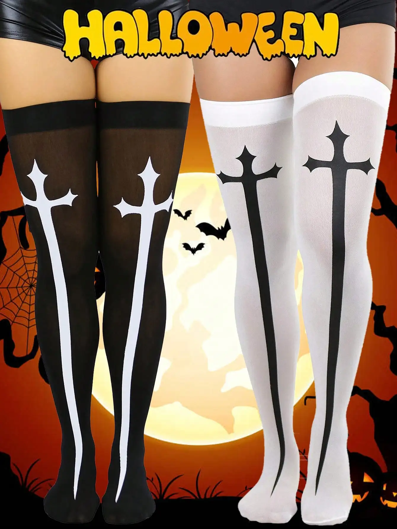 

Готические чулки-ботфорты для женщин, черно-белые чулки выше колена, аксессуар для косплея на Хэллоуин