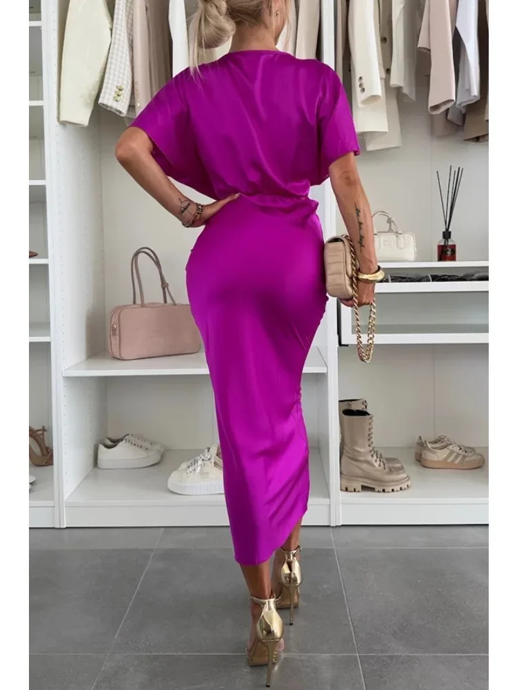 レディースサテンエレガントディープVネックバットショートスリーブパーティードレス、レディースファッション、上品なスリムフィット、無地ロングドレス