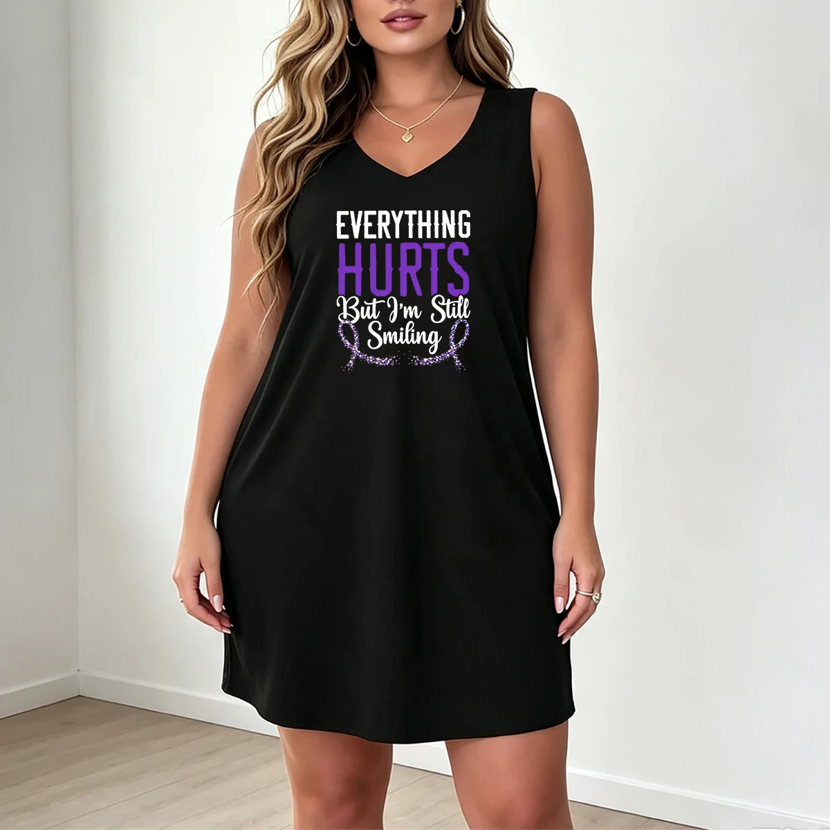 Plus-size women's V-neck sleeveless dress. "Everything Hurts But I'm Still Smiling" slogan, purple ribbon print. A resilient and healing summer loose-fitting dress.