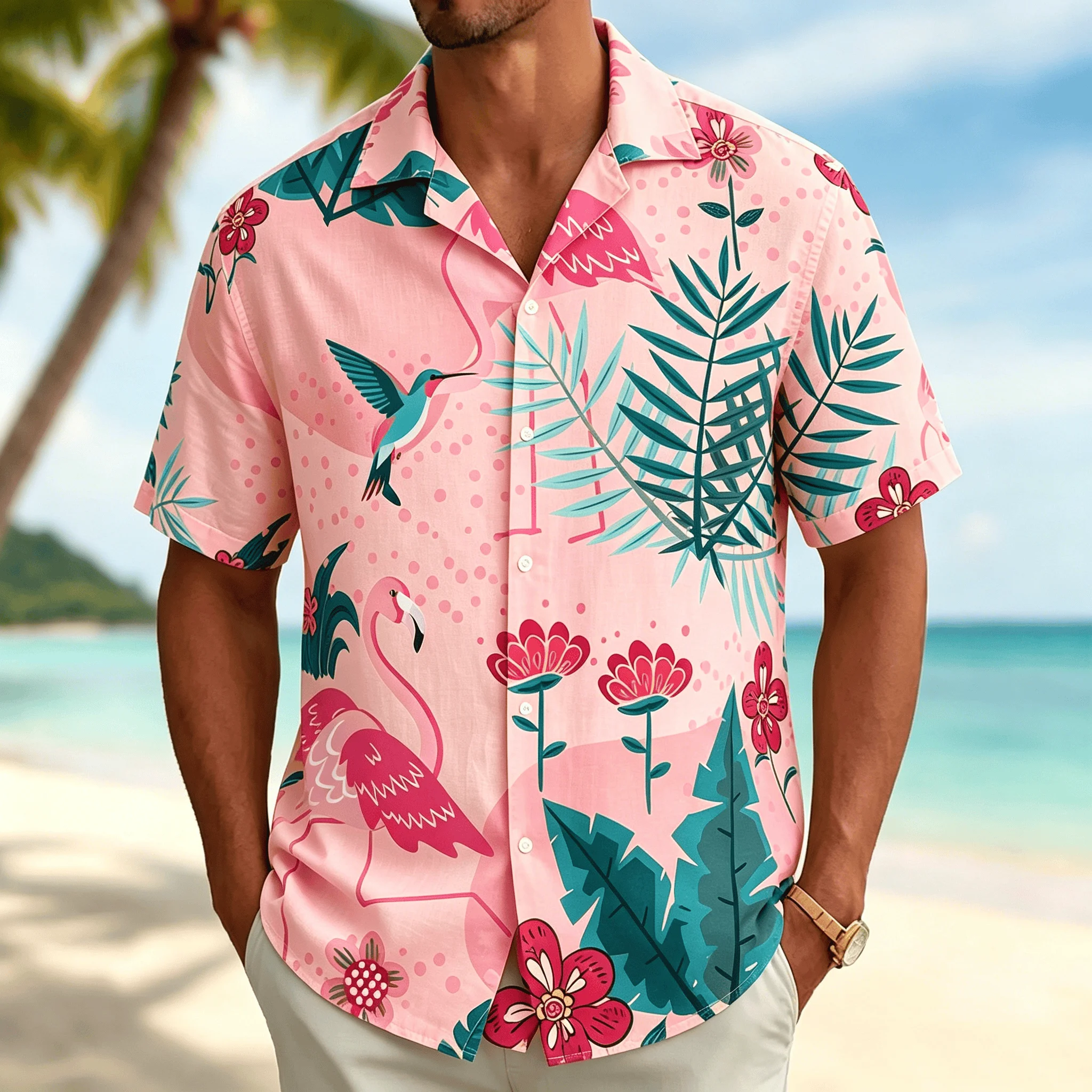 Men's Tropical Flamingo Print Short Sleeve Shirt, Casual Hawaiian Button Down Top with Floral Leaf Accents for Spring Summer