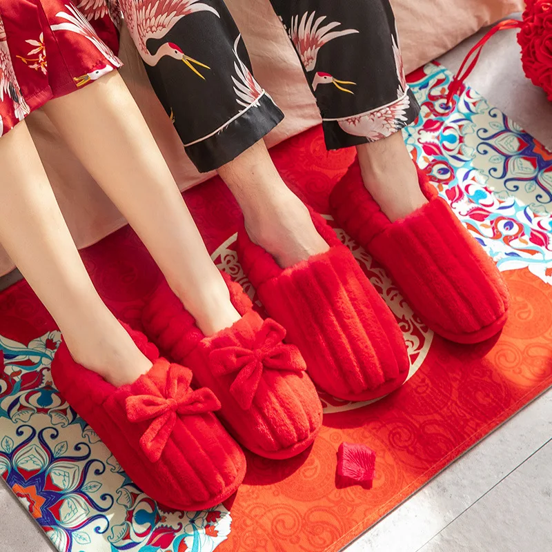 

Wedding Cotton Slippers for Men And Women Festive Red Design Home Use Couples Slippers Winter Floor Shoes