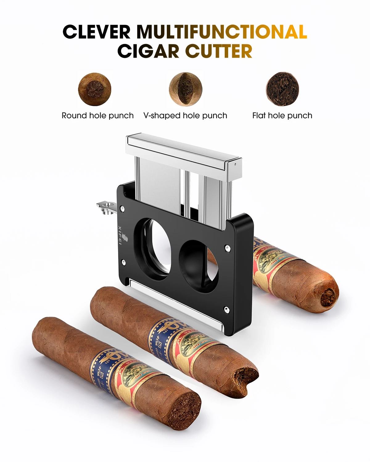 XIFEI Cigar Cutter V-Cut Guillotine,4 in 1 Straight Cut V Cutter with Cigar Punch Cigar Holder Stainless Steel Blade Ergonomic