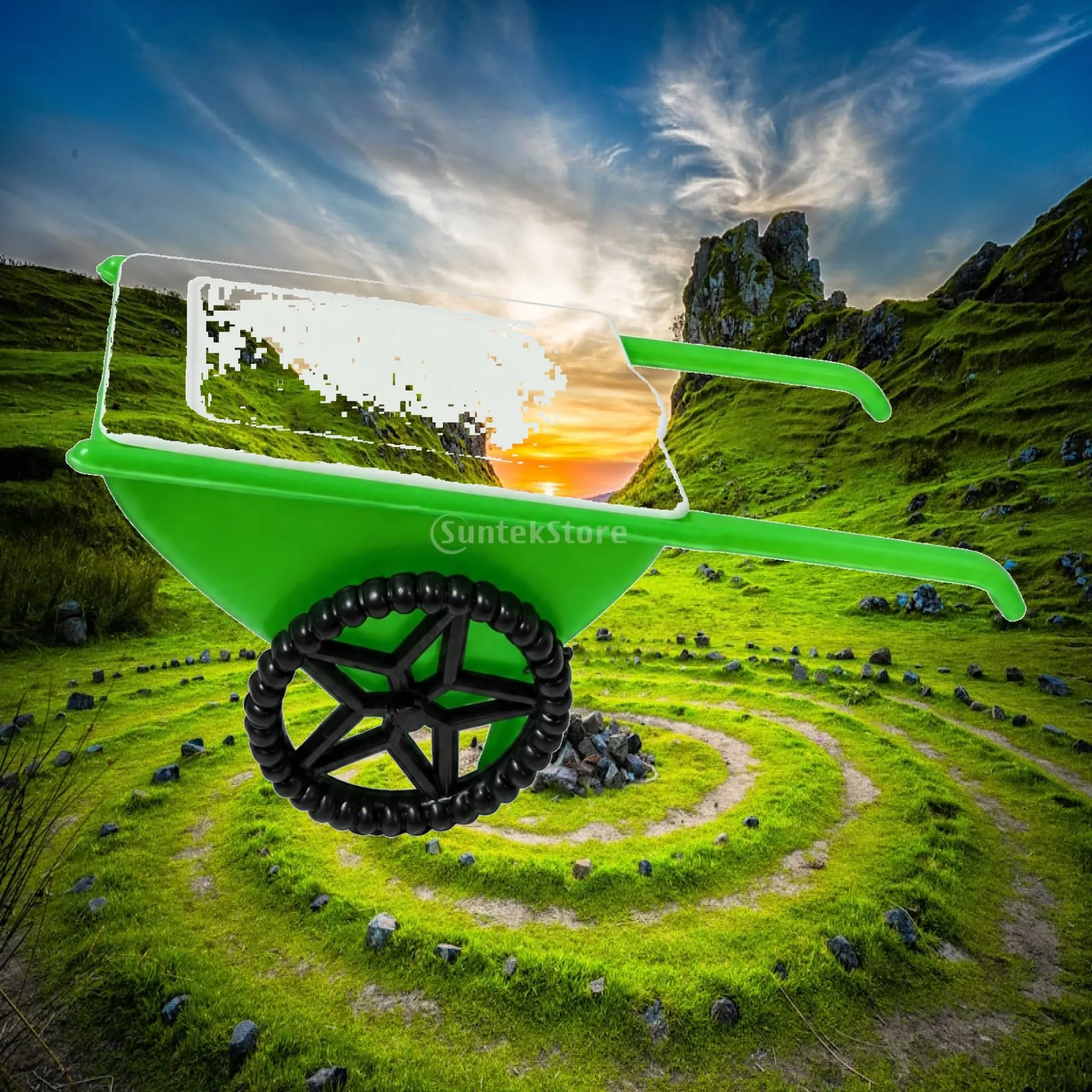 Dollhouse Garden Miniature Wheelbarrow Cart Plastic Green Scale Model for Diorama Display Tiny Decor Prop with Two Handles and