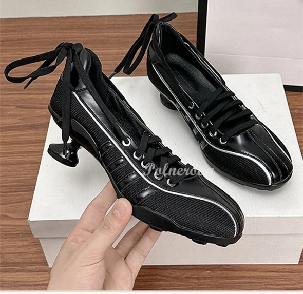 Zapatos de tacón bajo con cordones para Mujer, calzado deportivo de estilo francés, color blanco y negro, Tendencia, 2024